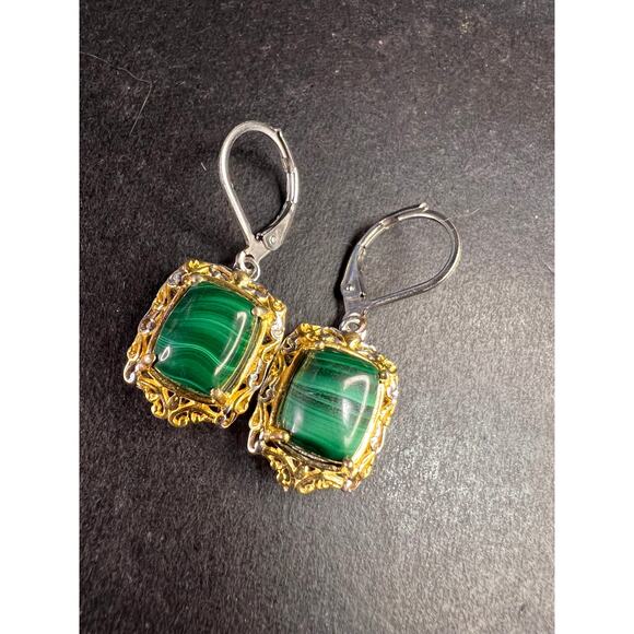 New Karis Platinum & 18K Gold Plated Malachite Leverback Earrings - Picture 5 of 9